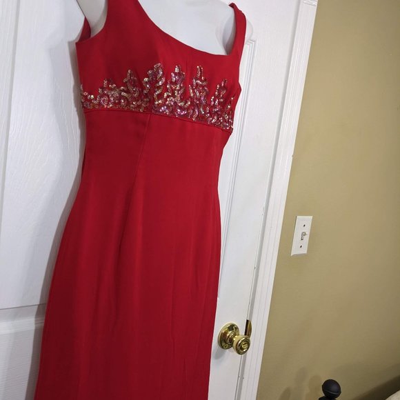 Mike Benet Formals 1960s Vintage Red Chiffon Intricate Sequin Dress - size 10* - Picture 5 of 16